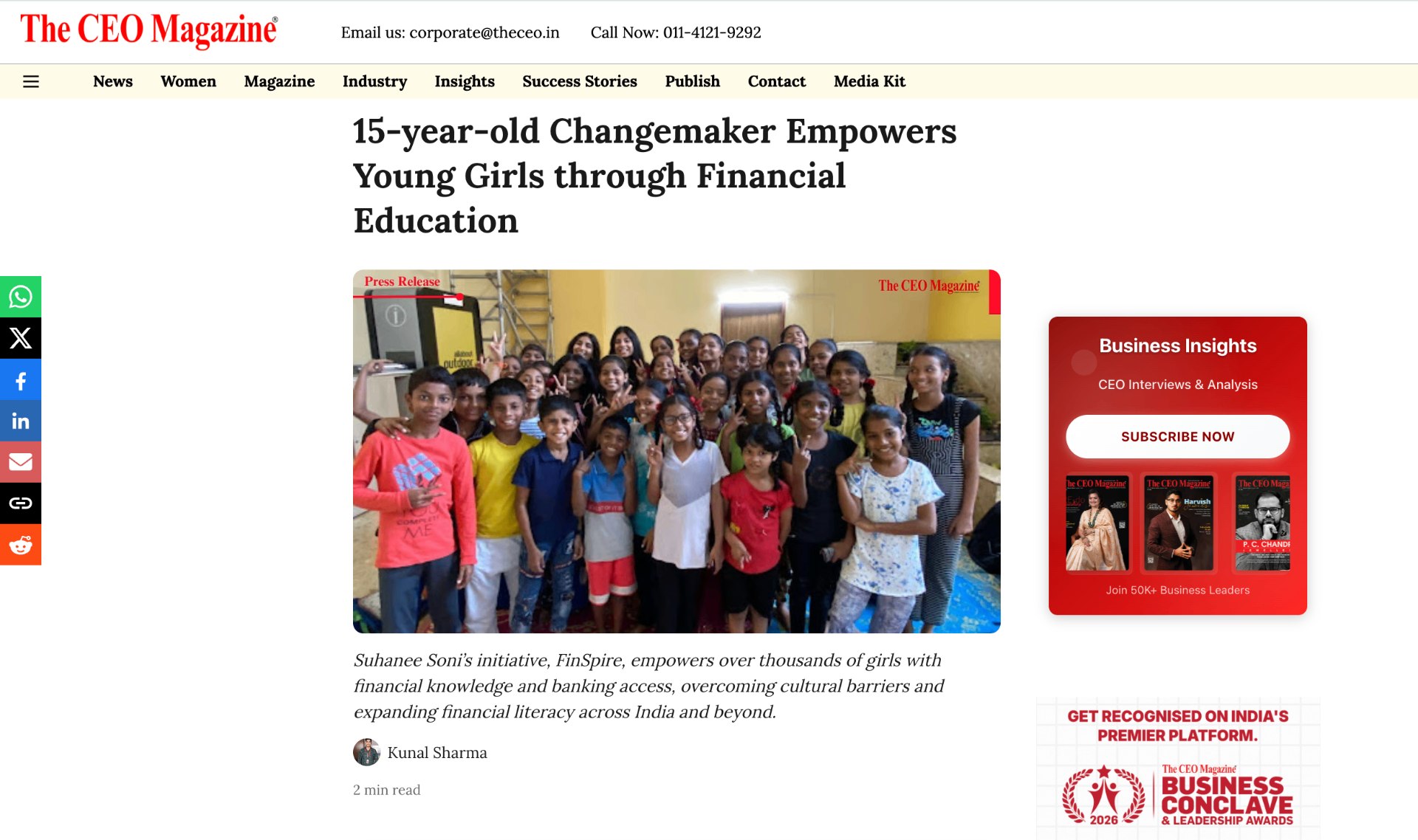 The CEO Magazine article headlined '15-year-old Changemaker Empowers Young Girls through Financial Education', featuring FinSpire founder Suhanee Soni