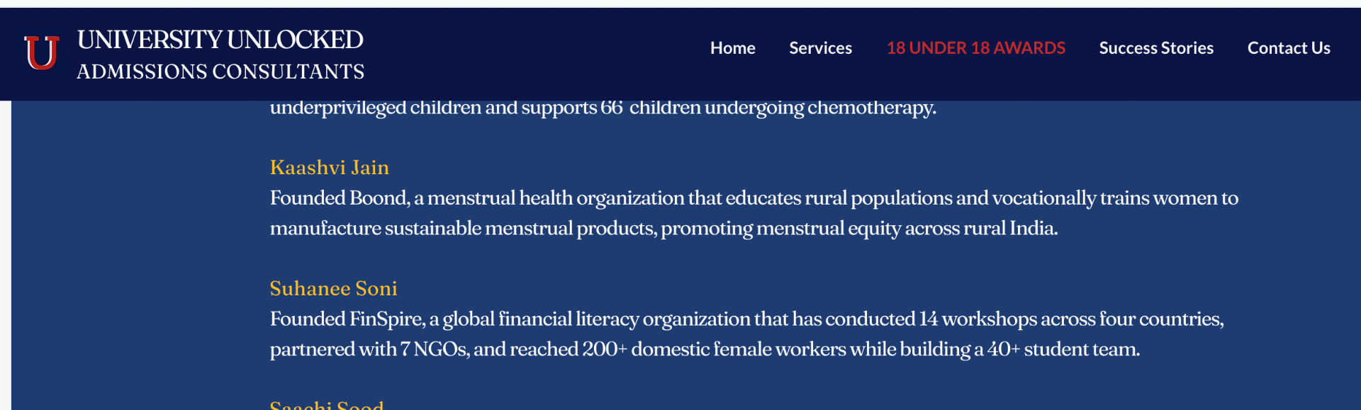 University Unlocked 18 Under 18 Awards listing describing Suhanee Soni's FinSpire, a global financial literacy organisation